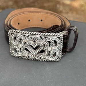 Vintage BRIGHTON Brown Crocodile Leather Belt Women's L/34 Silver Heart Filigree